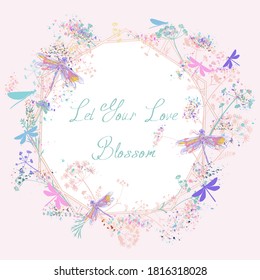 Cute vector greeting card with rustic pink blue florals and dragonflies, romantic illustration 
