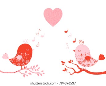 Cute vector greeting card with sweet birds in pink and red colors on tree branches for Valentine's day, wedding invitations and greeting cards