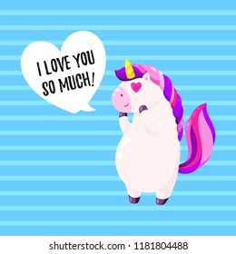 Cute vector greeting card with unicorn. Template for St. Valentine's Day