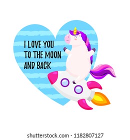 Cute vector greeting card with unicorn. Template for St. Valentine's Day