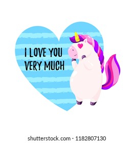 Cute vector greeting card with unicorn. Template for St. Valentine's Day