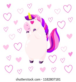 Cute vector greeting card with unicorn. Template for St. Valentine's Day