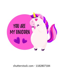 Cute vector greeting card with unicorn. Template for St. Valentine's Day