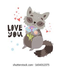 Cute vector greeting card, Valentine, love you. Cute raccoon with a bouquet, fluffy animal. Cartoon character