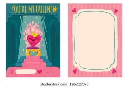 Cute vector greeting card for Valentine's day with heart on throne. Cute heart with crown for Valentine's day.