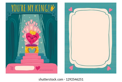 Cute vector greeting card for Valentine's day with heart on throne. Cute heart with crown for Valentine's day.