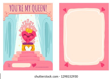 Cute vector greeting card for Valentine's day with heart on throne. Cute heart with crown for Valentine's day.