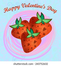 Cute vector greeting card for Valentine's Day with lovely red shiny strawberries in the middle with dots in shape of hearts, on a doodle curly background ornament in pastel colors.