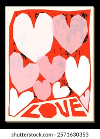 Cute vector greeting card for Valentine's day with collage geometric hearts on grunge textured background for packaging design, art decor