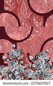 cute vector grey stock flowers leaf border with paisley pattern on red background