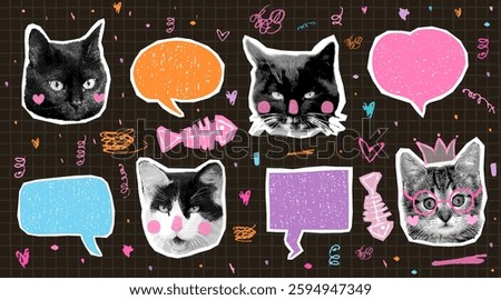 Cute vector halftone cat faces collage and doodle speech bubbles, fish bones fun kitty head quirky art graphic design elements