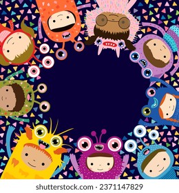 Cute vector Halloween or birthday party background with copy space, children dressed in funny monster costumes for template design, invitations, posters