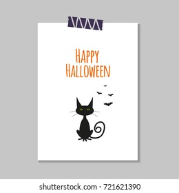 Cute vector Halloween card with  cat, ghost,  bat. Elements, objects for holiday card, invitation and party design.