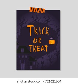 Cute vector Halloween card with dark  pumpkin,  castle, cat, ghost, bat. Elements, objects for holiday card, invitation and party design.