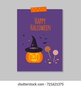 Cute vector Halloween card with pumpkin, candy, bat, hat. Elements, objects for holiday card, invitation and party design.