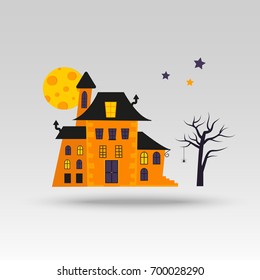 Cute vector Halloween castle icon, element, object, logos badge, label for holiday card, invitation and party design.