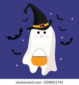 Cute vector halloween ghost with pumpkin for candy on purple background. Kind ghost in funny hat - halloween trick - or- treat symbol. For postcards, banners, cartoon characters.