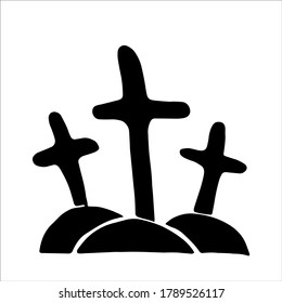 Cute vector Halloween graves in doodle style. Black hand-drawn element for your design. Crosses and draves illustration.