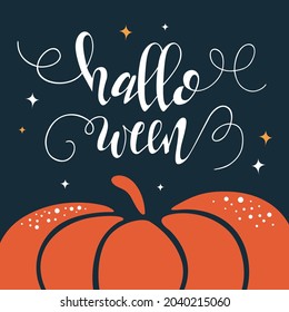 Cute vector Halloween greeting card with a pumpkin on a dark background. Lettering and stars with an orange pumpkin.