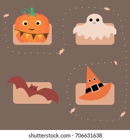 Cute vector halloween icons. Colourful cartoon autumn set with candy. Creepy holiday art characters for Halloween