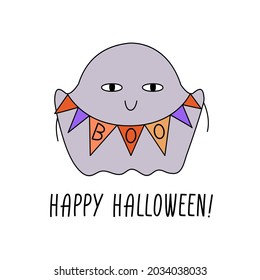 Cute vector halloween illustration with ghost and colorful flags