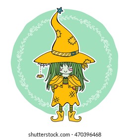 Cute vector Halloween illustration. Kawaii swamp witch on green circle with flower frame. Template for greeting cards, notes, invitation, print for T-shirt, napkin, web icon. October holiday design