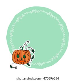Cute vector Halloween illustration. Pumpkin head on green circle with flower frame. Template for greeting cards, notes, invitation, print for T-shirt, napkin, web icon. October holiday design