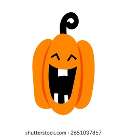 Ícone de abóbora bonito vetor Halloween rindo. Lanterna de macaco laranja engraçado, abóbora esculpida no fundo branco. Ilustração de monstro para saudação banner, cartão postal, web, imprimir.