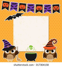 Cute vector Halloween party card with witch owls and bat