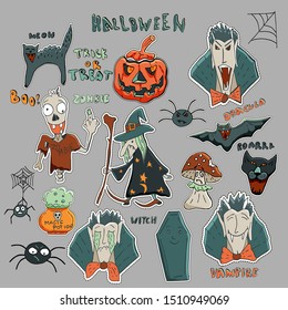 Cute vector Halloween patches and stickers collection. Witch, zombies scary dead man, black cat, vampire Dracula, magic potion, spiders, bat, coffin, mushroom, pumpkin, hand written tag lines. 