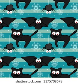 Cute vector halloween pattern with cat and spider web multicolor background. Funny monster cartoon illustration for baby and children textile and wrapping.