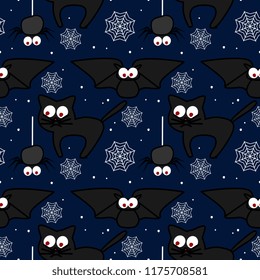 Cute vector halloween pattern with cat and spider web multicolor background. Funny monster cartoon illustration for baby and children textile and wrapping.