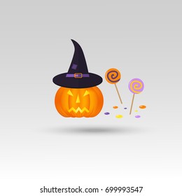 Cute vector Halloween pumpkin with hat icon, element, object, logos badge, label for holiday card, invitation and party design.