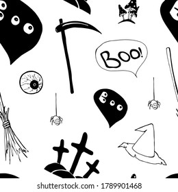 Cute vector Halloween seamless pattern with a witch hat, a scythe of death, an eye, mushrooms, spiderweb, draves, crosses in doodle style. Black hand-drawn endless print for your design.