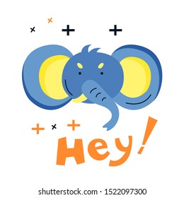 Cute vector hand drawn animal face. Flat elephant face illustration. Cartoon childish doodle style drawn illustration