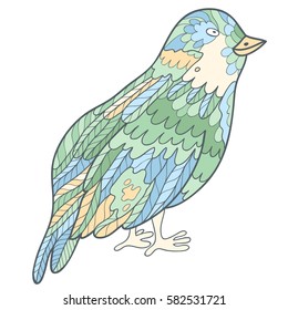 Cute vector hand drawn bird. Green colored pattern. Adorable scrapbook element