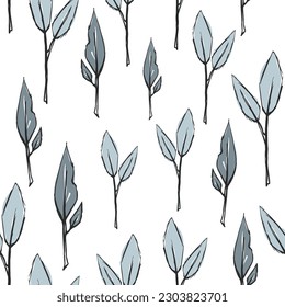 Cute vector hand drawn botanical seamless pattern. Many thin small leaf twigs. Outline pastel plant print. Vintage scandinavian style natural art design. Trendy contour element. Tea packaging layout
