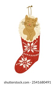 Cute vector hand drawn cat in Christmas sock. Funny childish holiday illustration isolated on white background. Flat design for Christmas decoration and stickers