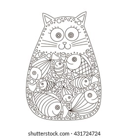 Cute vector hand drawn cat with fish in stomach. Doodle cat for kids design. Isolated. Black and white colors. Fun cat for coloring book. Contour drawing.