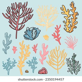 cute vector hand drawn corals set, colorful art. vector illustration for print