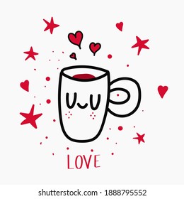 Cute vector hand drawn cup character with calm emotion and doodles, love lettering for Valentines day holiday decoration