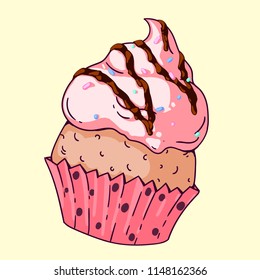 Cute vector hand drawn cupcake with fluffy whipped cream in doodle style. Full colored art for advertising, banners, leaflets and menu