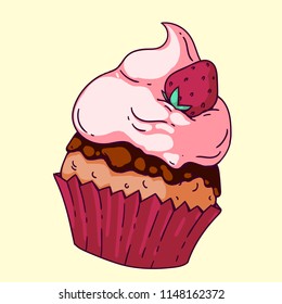 Cute vector hand drawn cupcake with fluffy whipped cream in doodle style. Full colored art for advertising, banners, leaflets and menu