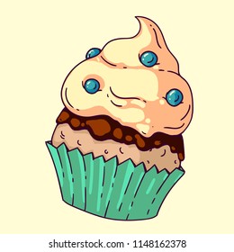 Cute vector hand drawn cupcake with fluffy whipped cream in doodle style. Full colored art for advertising, banners, leaflets and menu