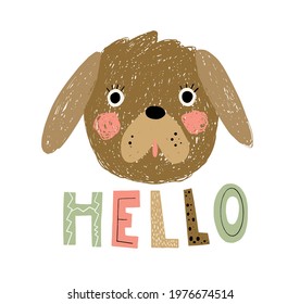 Cute vector hand drawn dog animal portrait in Scandinavian nordic style for t-shirt textile, prints, poster in baby room with hello text.