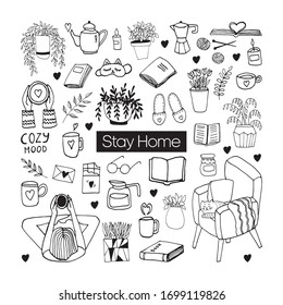 Cute vector hand drawn doodle set about coronavirus, Covid-19, Stay Home, work in home. Pandemic protection. Quarantine positive doodle icons, home elements. Isolated on white background.