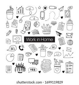 Cute vector hand drawn doodle set about coronavirus, Covid-19, Stay Home, work in home. Pandemic protection. Quarantine positive doodle icons, home elements. Isolated on white background.
