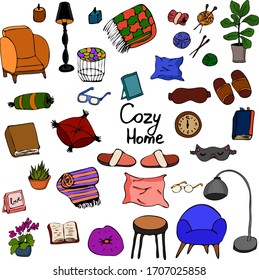 Cute vector hand drawn doodle set about, Stay Home, work in home. Quarantine positive doodle icons, home elements. Isolated on white background.
