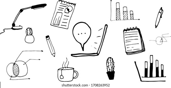 Cute vector hand drawn doodle set about work at home, laptop with messages, graphs and charts, Cup of tea and Cup of coffee 