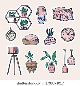 Cute vector hand drawn doodle set about coronavirus, Covid-19, Stay Home, work in home. Pandemic protection. Quarantine positive doodle icons, home elements. Isolated on white background.